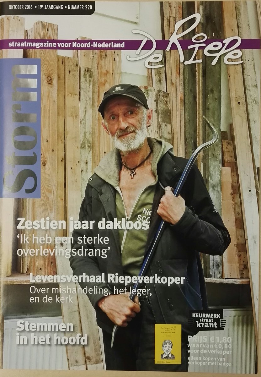 De_Riepe's tweet photo. De Riepe oktober! Thema Storm. Met daklozenverhalen, levensverhaal van een Riepeverkoper en columnist Erik Bies vertelt over psychoses. https://t.co/2cqfBlyvqZ