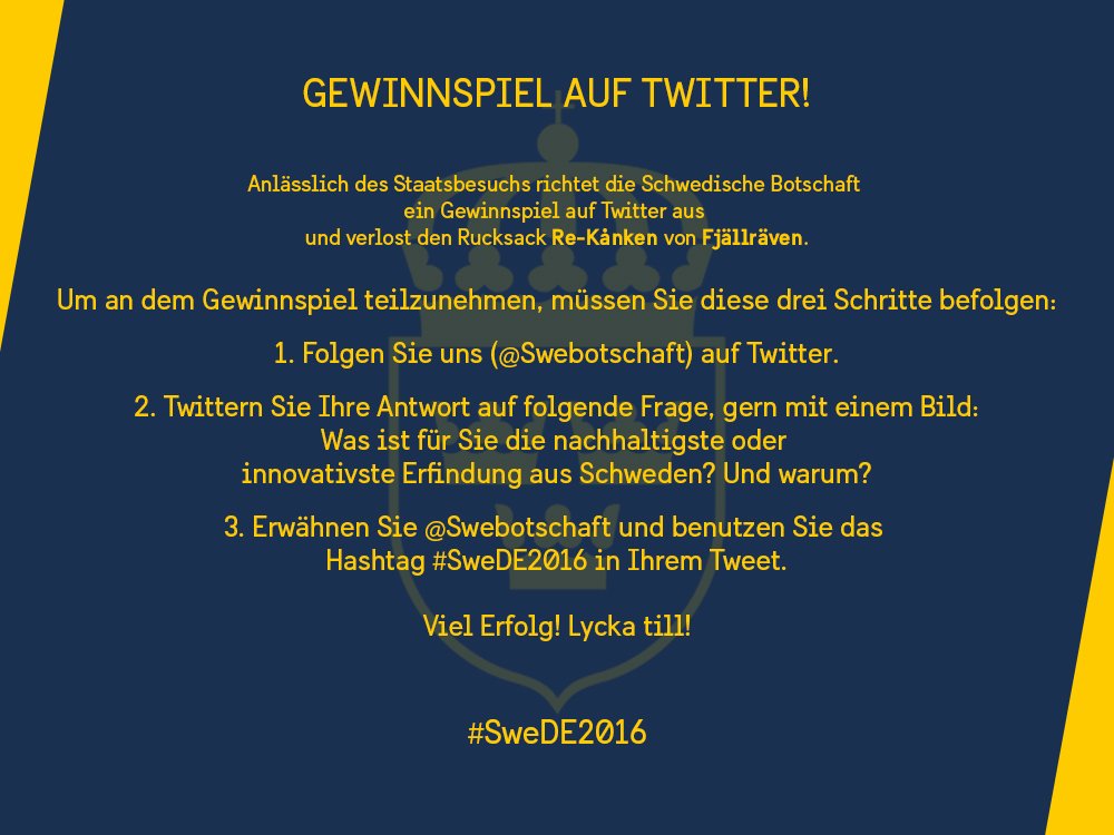 Swebotschaft's tweet photo. Der #Staatsbesuch ist zwar vorbei, aber unser Gewinnspiel um den #ReKanken läuft noch bis zum 14. Okt! https://t.co/Tte9EjPJdr #SweDE2016 https://t.co/kPrxMg9XgA