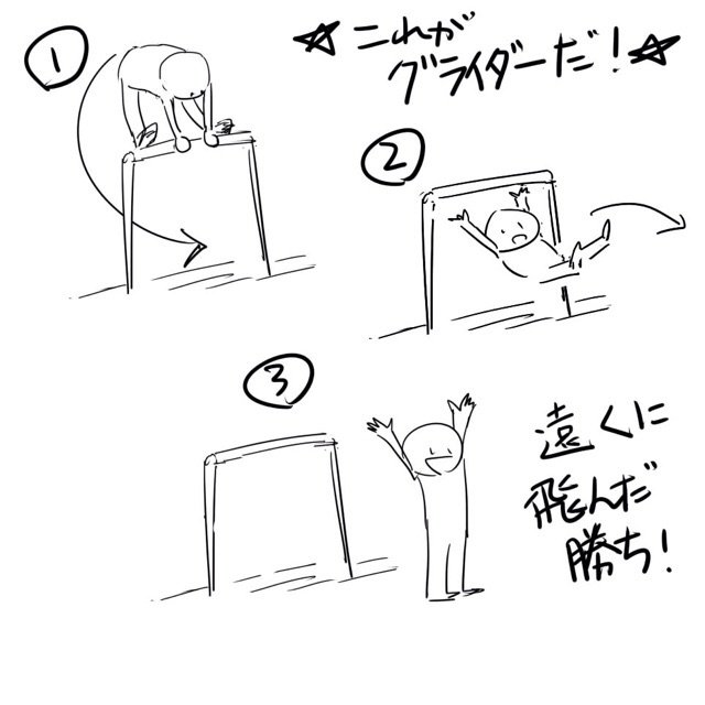 @serizawakeiko 時間空いたから、忙しいんだろうと思ってたら、わざわざ絵描いてくれたのかwではこちらもグライダーはこんなの。足使うからダイナミックな感じ 