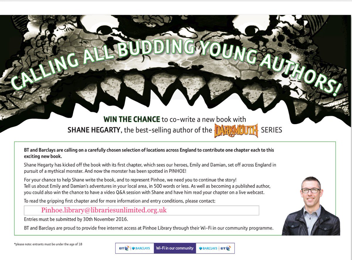 PinhoeLibrary's tweet image. Calling all budding young authors! Do you want to win the chance to co-write a new book set in Pinhoe with Shane Hegarty?