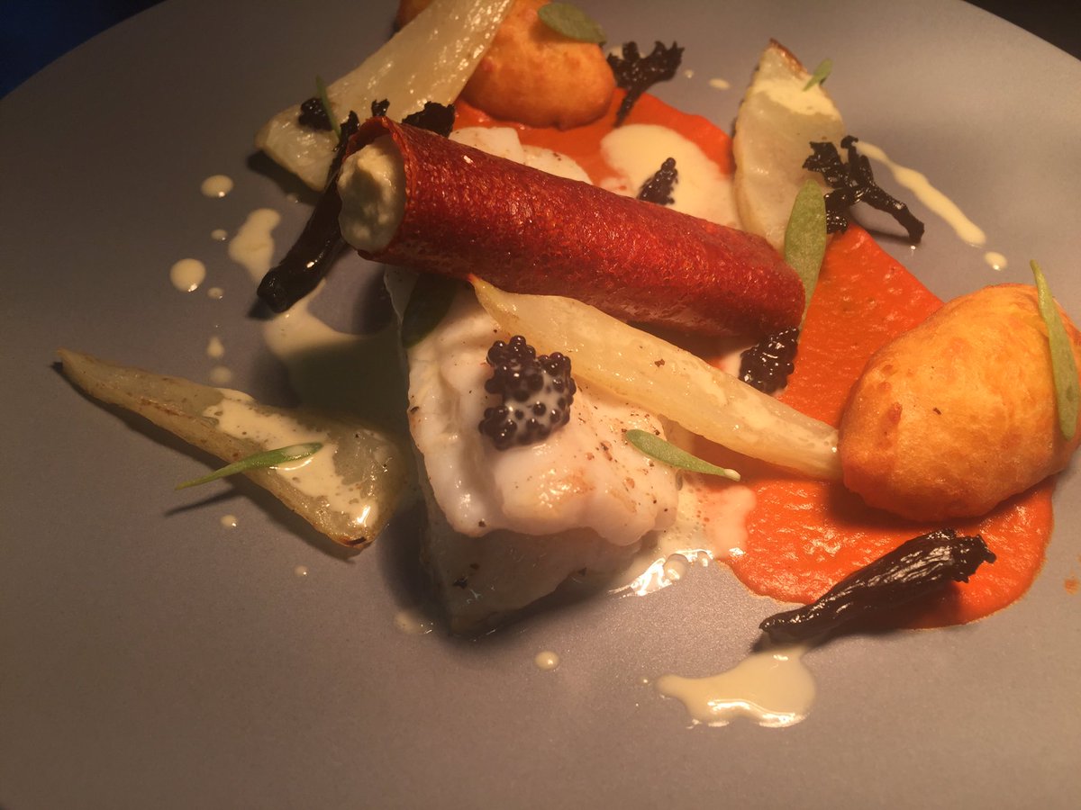 Plaice, red pepper, oyster mousse, fennel, pomme dauphine, trompettes caviar,.