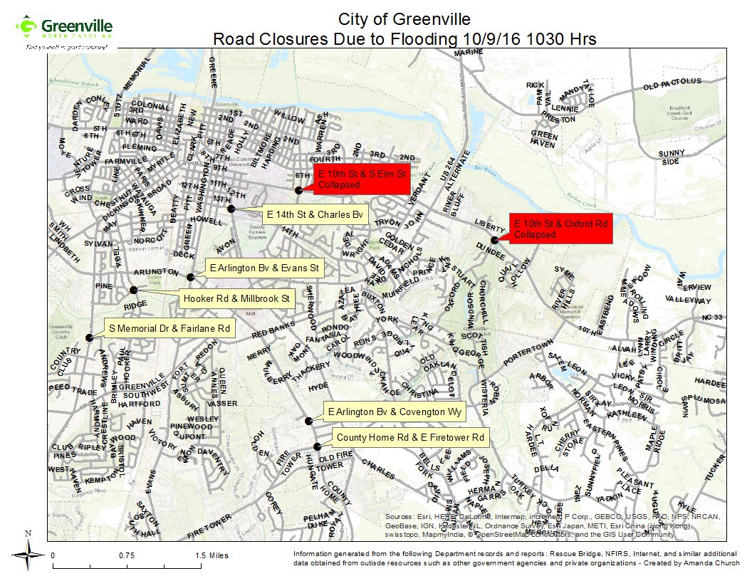 GreenvilleNC's tweet photo. Here is a map of the current road closures in Greenville. https://t.co/ZPDtwvIz6R
