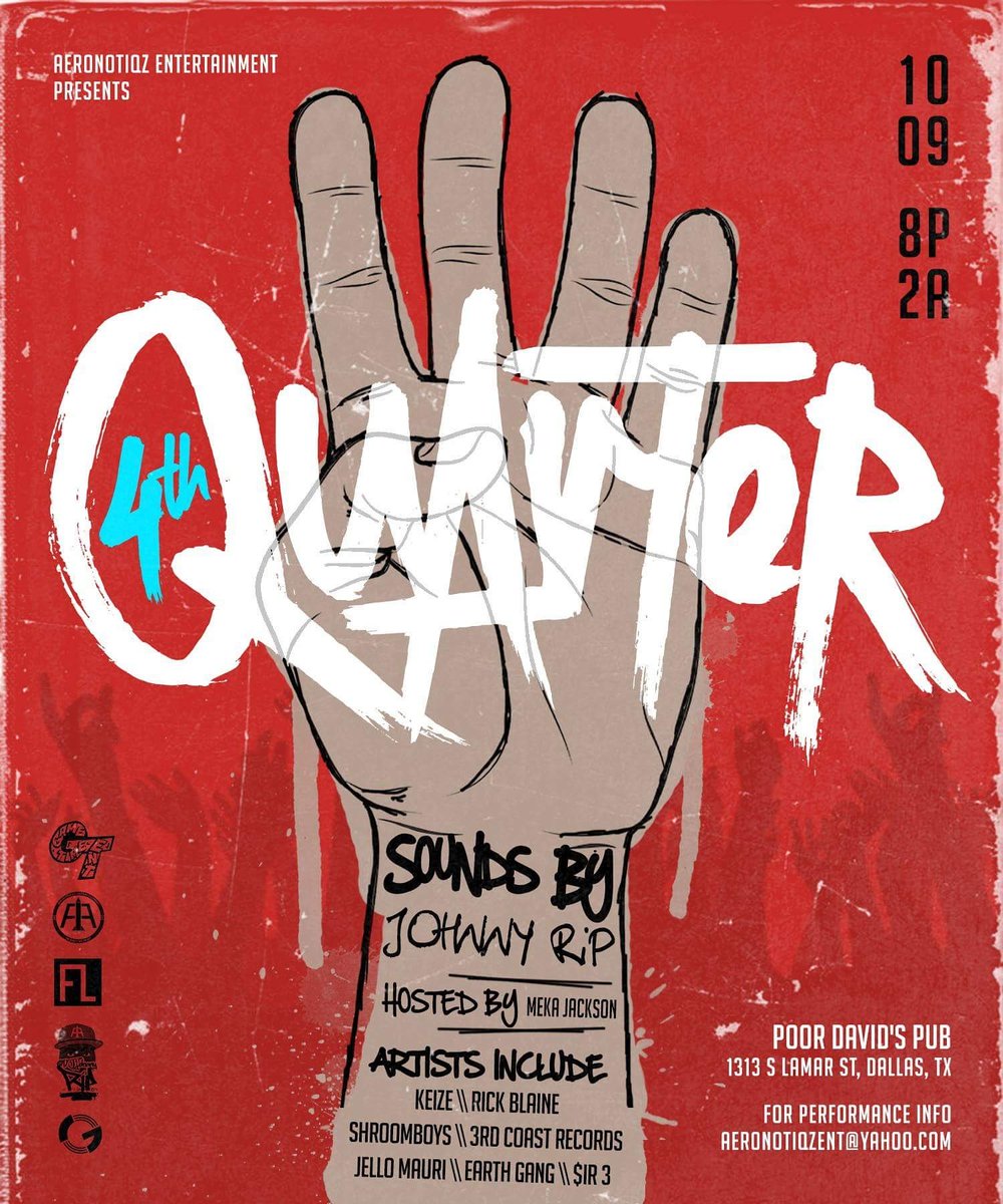 AeronotiqzInfo's tweet photo. Tonight❕ #4thQuarter 🏆🍻 @ Poor Davids in #Dallas!

Live performances🎤
Aero Pop Up Shop👕
@dontfollowmeka hosting! https://t.co/wVF4QbHxjd