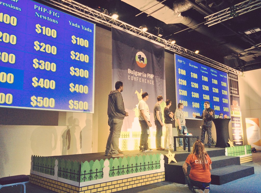 pusher's tweet image. Great to catch another @jmikola JeoPHPardy at #bgphp16! We were inspired to create a Pusher-themed version after seeing it #phpsc!