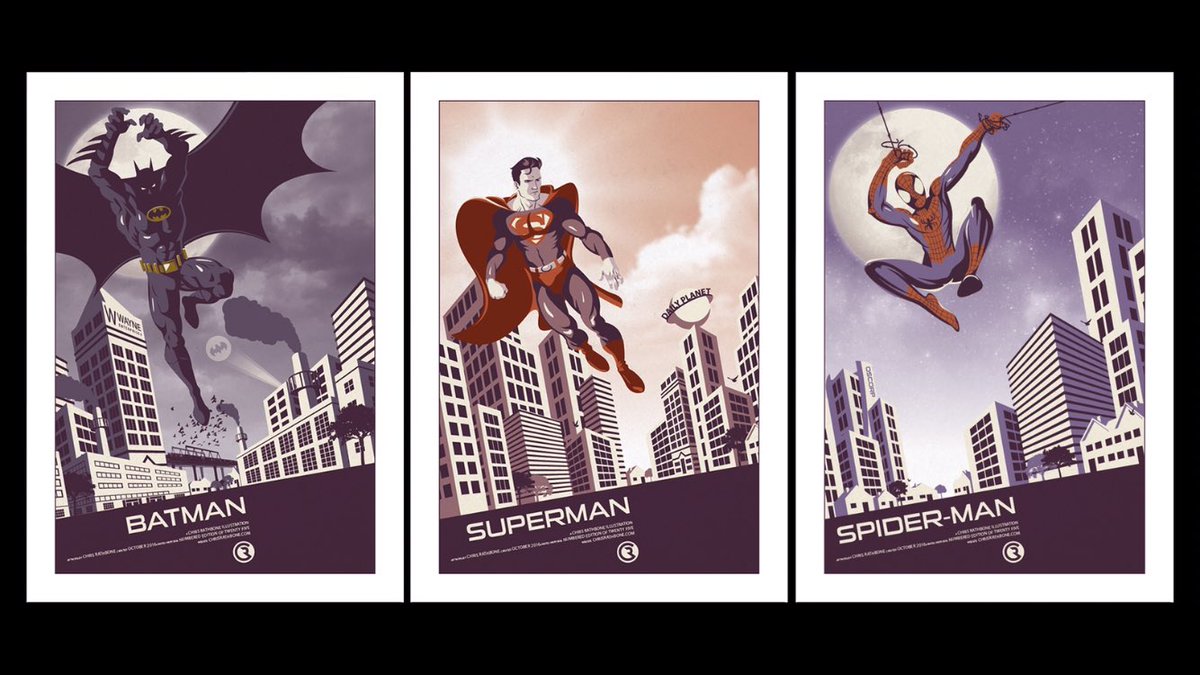 R4THBONE's tweet photo. And here's the final set. Like them? @DCComics
@Marvel
@NY_Comic_Con
#Spiderman
#Batman
#Superman
#DC
#Marvel
#Illustration
#PosterArt
#NYCC https://t.co/KyknosVT3T