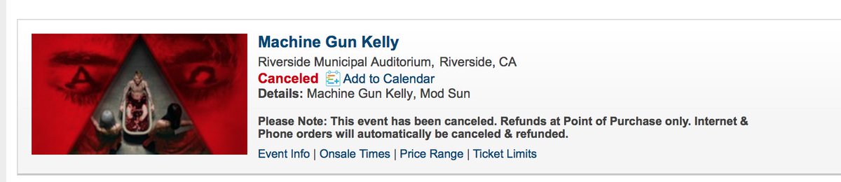 MusicEngaged's tweet image. Unfortunately @machinegunkelly's show in Riverside on 10/11 has been cancelled. #bummer #musicengaged #machinegunkelly #modsun #riverside