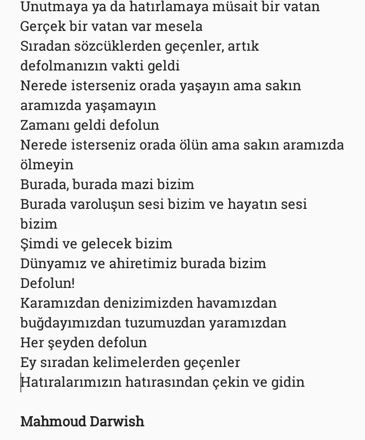 .++
"Sizden bir tank daha bizden bir taş"
Tamamen 15 Temmuz'u hatırlatan bir şiir
Mahmut Derviş - Sıradan Kelimelerden Geçenler