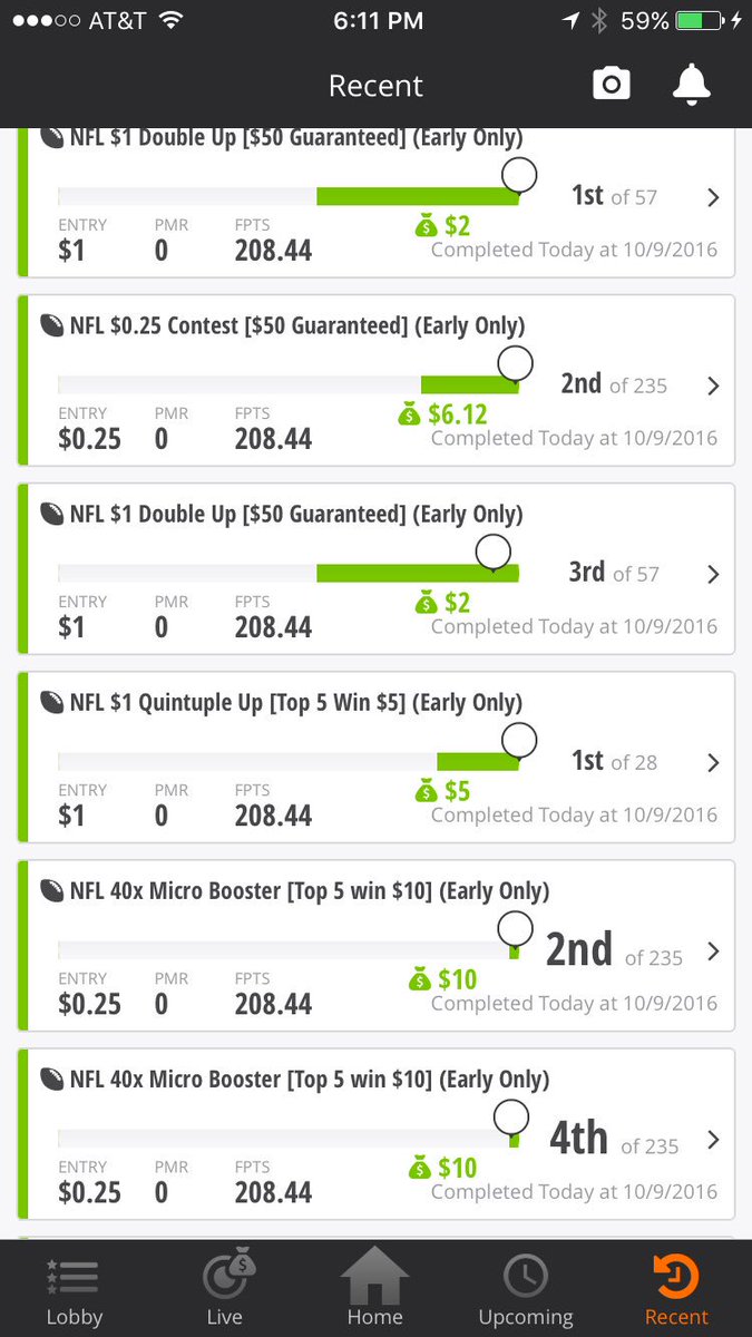 CurtB1010's tweet photo. All lineups doing great! 208.44 1pm only despite steve smith going down! Main and afternoon only placing in every contest! #loveDFS https://t.co/yOGMvJGM1y