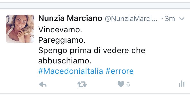 NunziaMarciano's tweet photo. Vincevamo.
Pareggiavamo.
Non ho fatto in tempo a spegnere che abbuschiamo!
#MacedoniaItalia #chebruttezza https://t.co/hwV6HITrc1