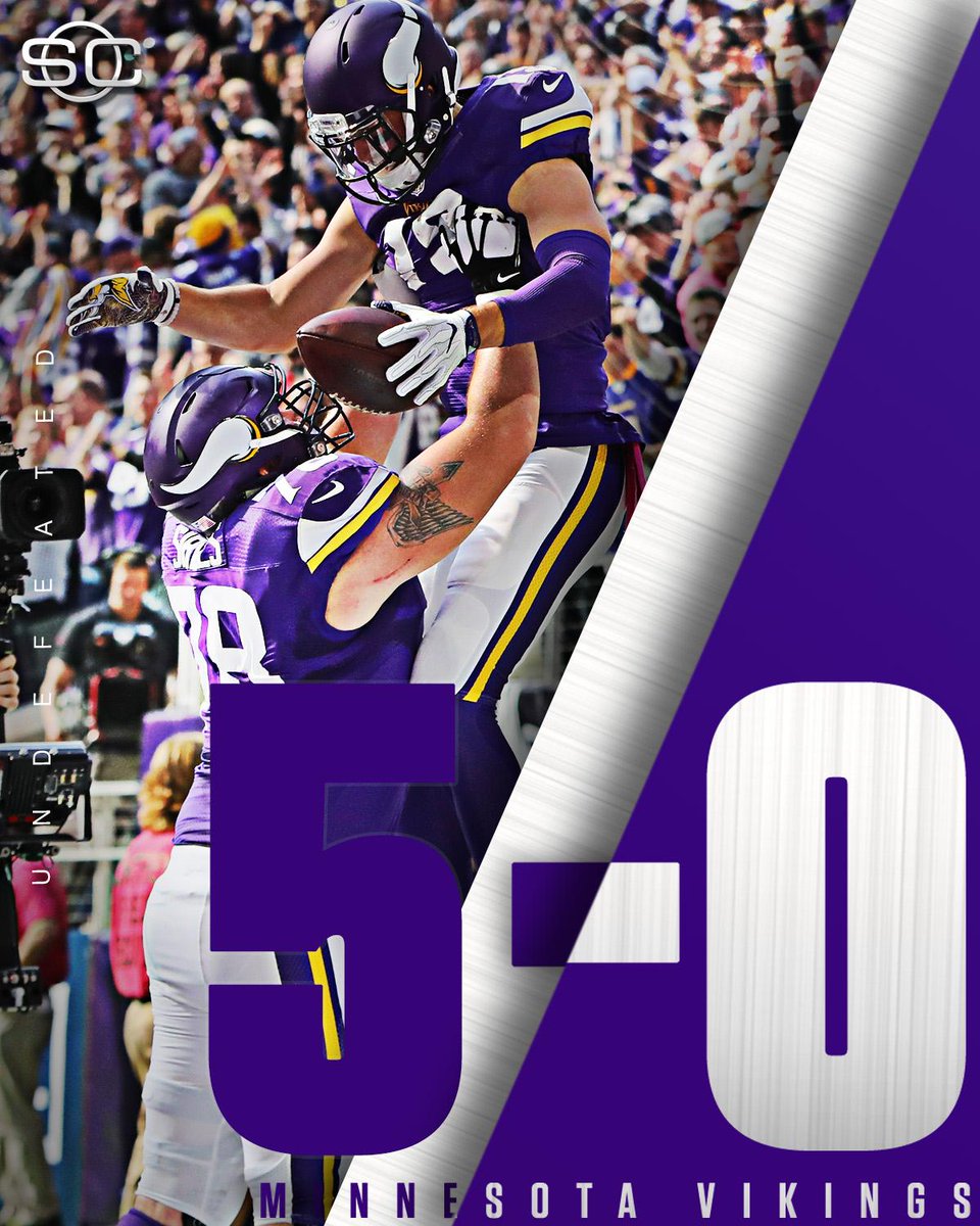 SportsCenter's tweet photo. And then there were two.

The Vikings are 5-0 for 1st time since 2009, and are one of just 2 undefeated teams left in the NFL (Broncos). https://t.co/yLlVrd1ocR