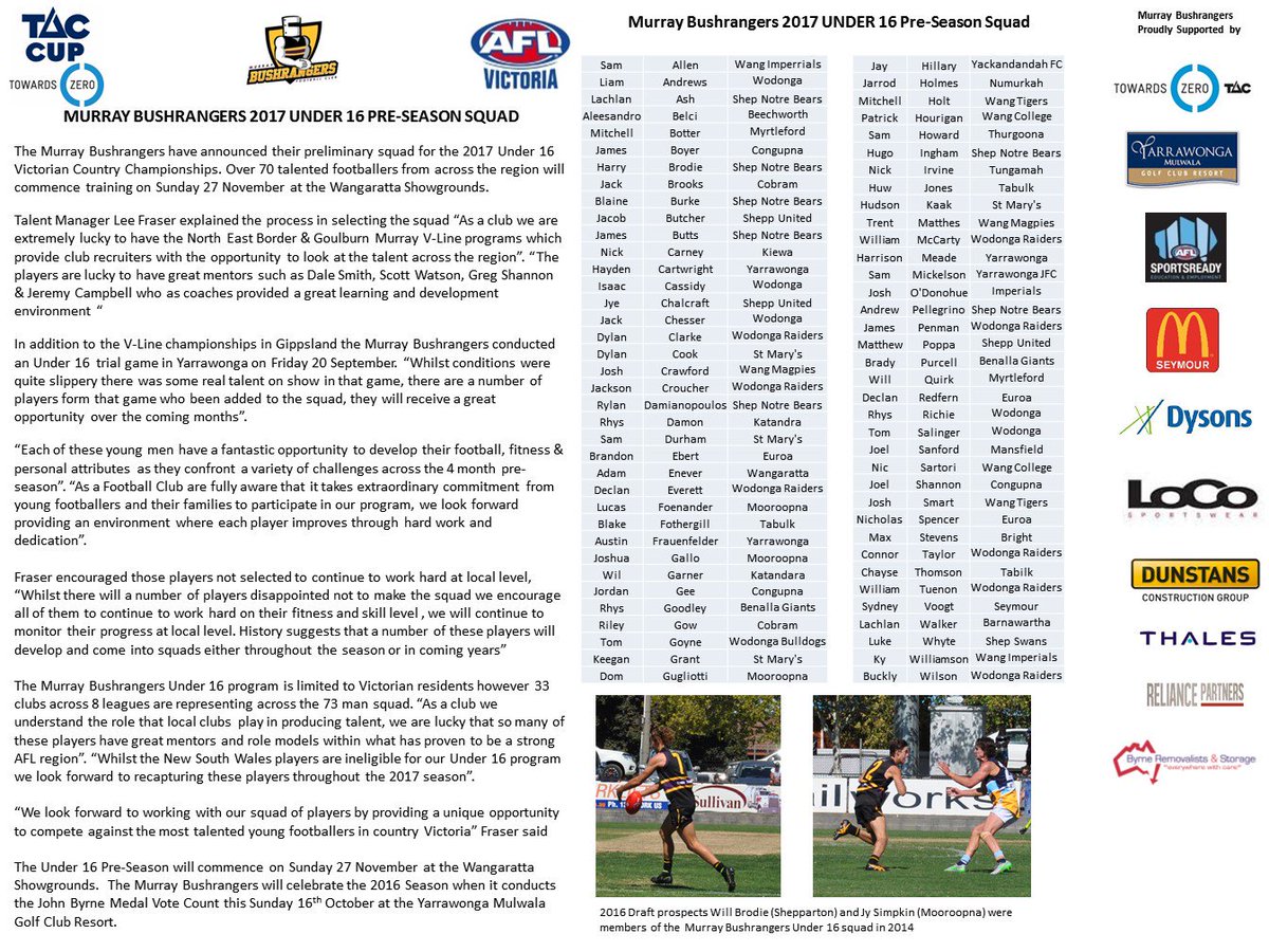 Our 2017 Under 16 Pre-Season Squad has been announced @AFLNEB <a href="/AFL_GM/">AFL Goulburn Murray</a> @TACCup #gobushies #november27 #preseason