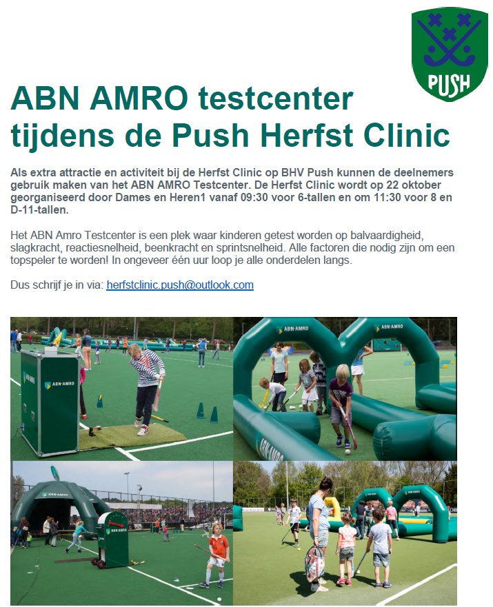 Schrijf je in voor de clinics op <a href="/BHVPush/">BHVPush</a> van <a href="/PushDames1/">PushDames1</a> en @PushHeren en @ABN-AMRO 1 op 22 oktober as.