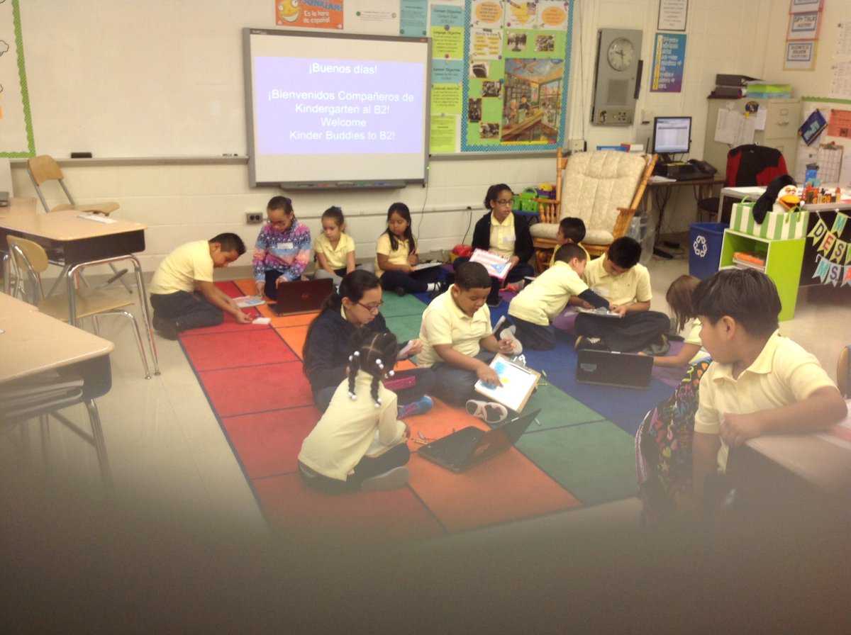 MrsDesm's tweet photo. 5th grade students sharing their famous Hispanic Power Point with their Kinder Buddies. @LewisBeeNews @RedClaySchools https://t.co/tBUcBE72tV