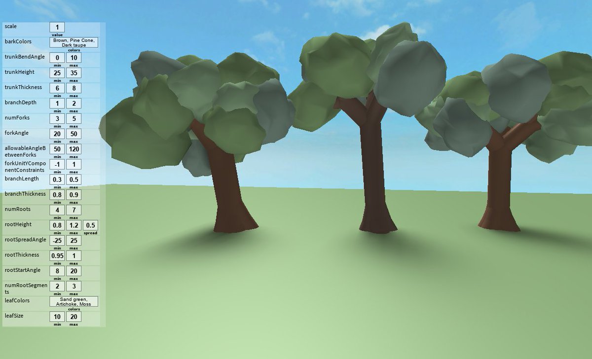 Josh On Twitter Today I Wrote A New Tree Generator Module Plugin Based On Zomebodyroblox S Rooty Tree Style Check It Out Https T Co Cmvo07f0m3 Https T Co Otpyuomnw9 - tree generator roblox plugin