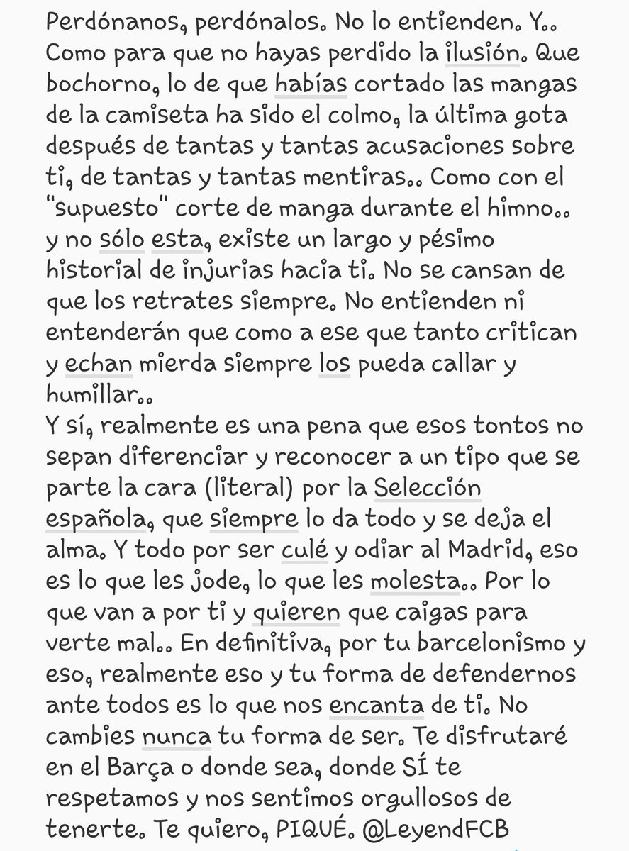 LeyendFCB's tweet photo. Necesitaba escribirlo.. Perdónanos, perdónalos. No cambies nunca, @3gerardpique. 👏💪 https://t.co/HFBu3gkaYH