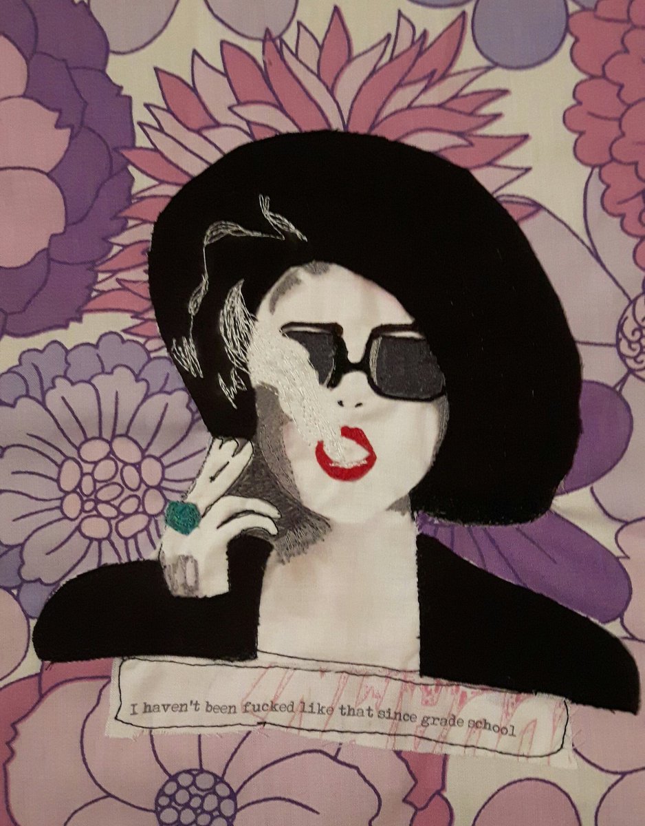 kate_librarian's tweet photo. Did some #BitchinStitching for my wall. Marla Singer on vintage fabric  #fightclub https://t.co/HVDw5gsOEh