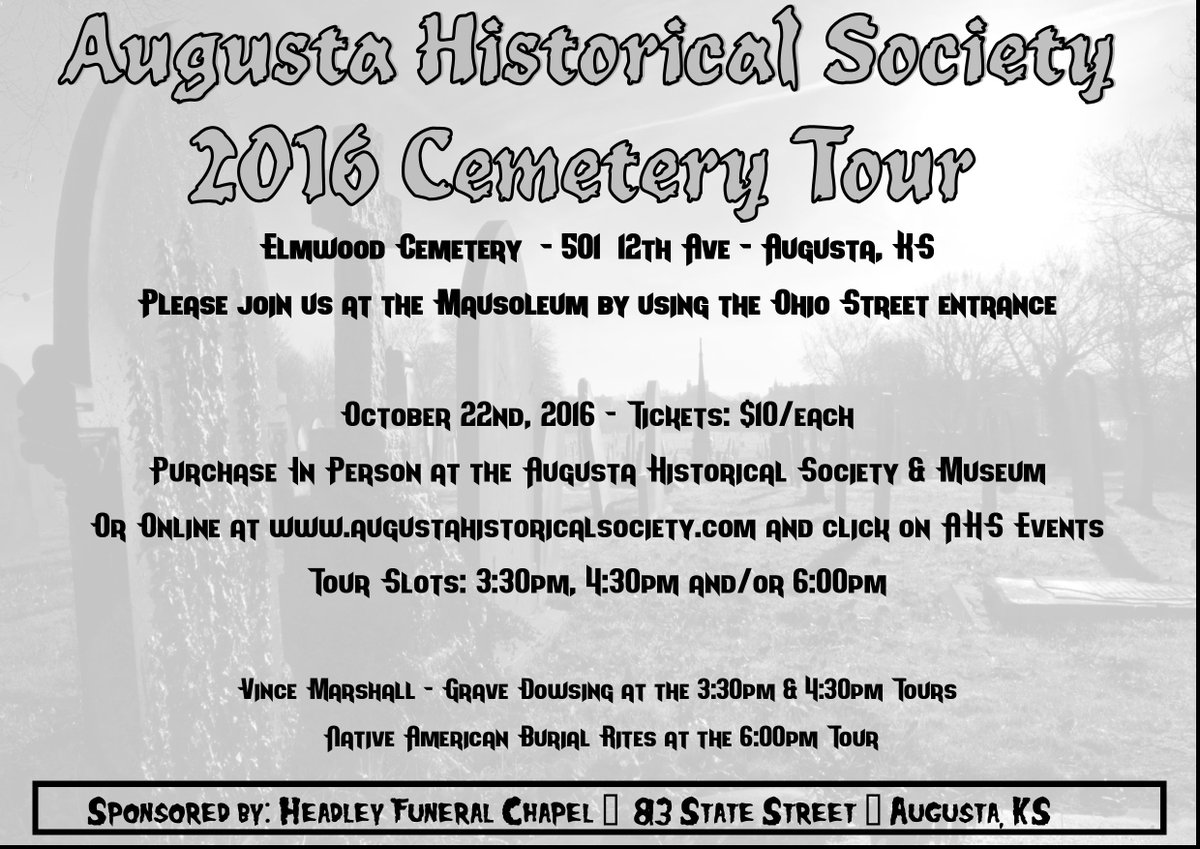 AugustaKSHistor's tweet photo. #CemeteryTour #AugustaKS #AugustaHistory #JoinUs

Cemetery Tour ~ Oct 22nd ~ 3:30p, 4:30p, &amp; 6:00p

Purchase tix @ https://t.co/OseAkM2u27 https://t.co/JCO9pqM9kX