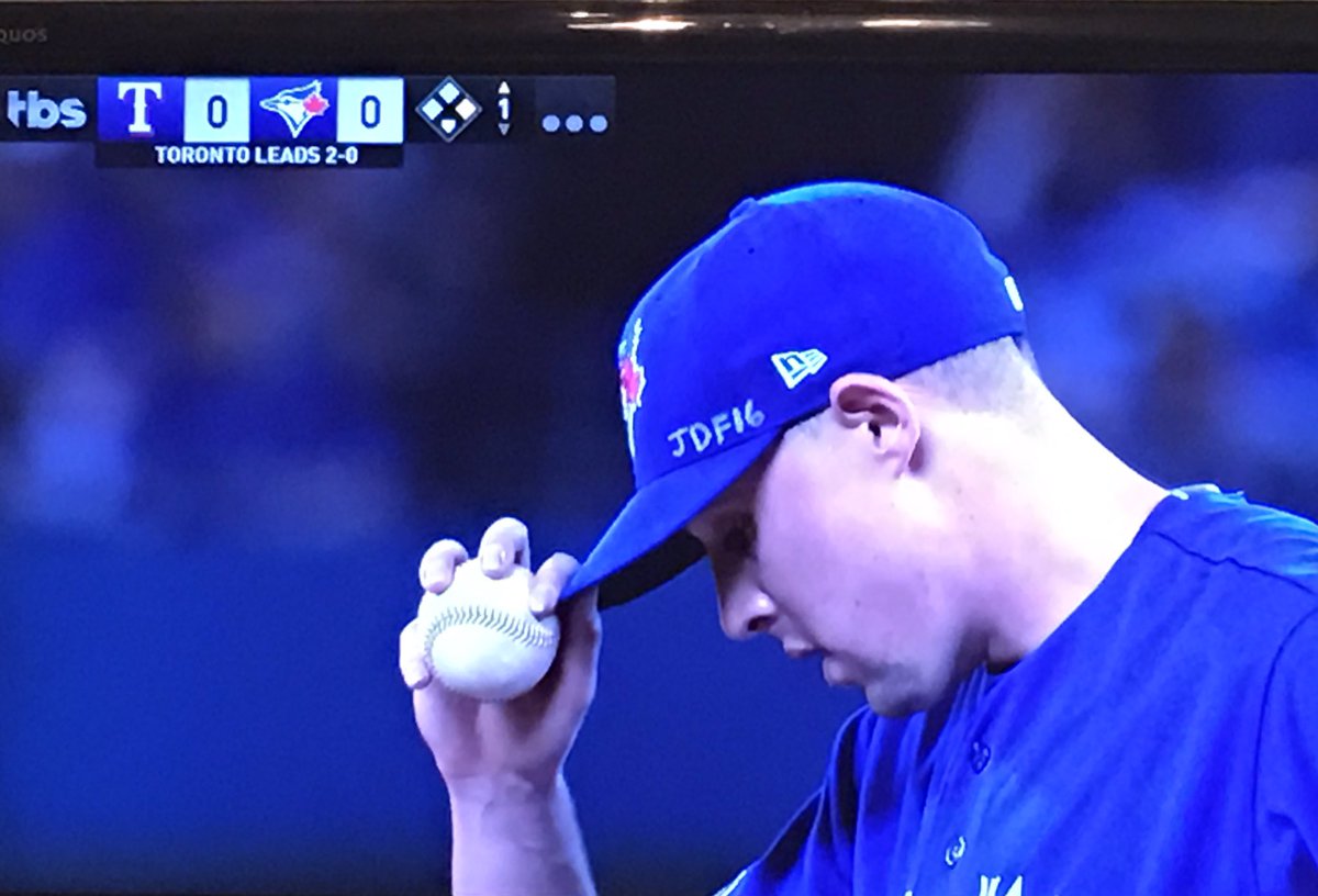 JoeFrisaro's tweet photo. Aaron Sanchez #BlueJays pays tribute to #JoseFernandez #JDF16 #Marlins https://t.co/j4bnhi6Bqb