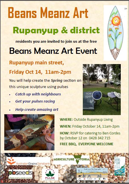 VicGovAg's tweet photo. Help create spring panel on the #Beans #Meanz #Arts #sculpture this Friday Oct 14. #Rupanyup, 11-2. FREE barbie! #pulse #grain #agriculture https://t.co/N8zqt6Qbz3