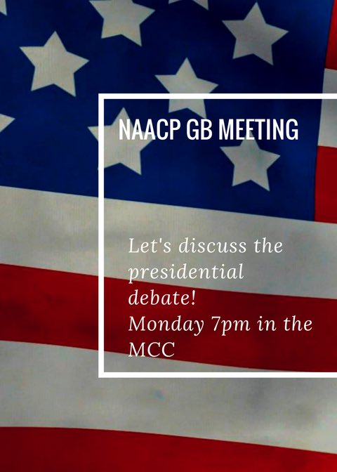 Join us tomorrow for our general body meeting! We'll be discussing tonight's presidential debate. Don't miss out!