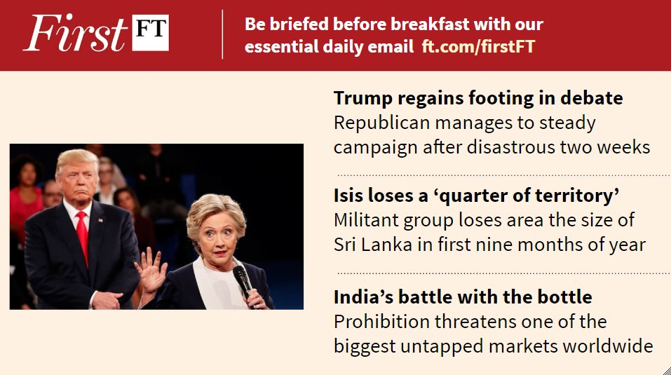 Redpolitics's tweet image. Trump regains footing in bitter debate, Isis loses territory and more. Sign up for #FirstFT: …