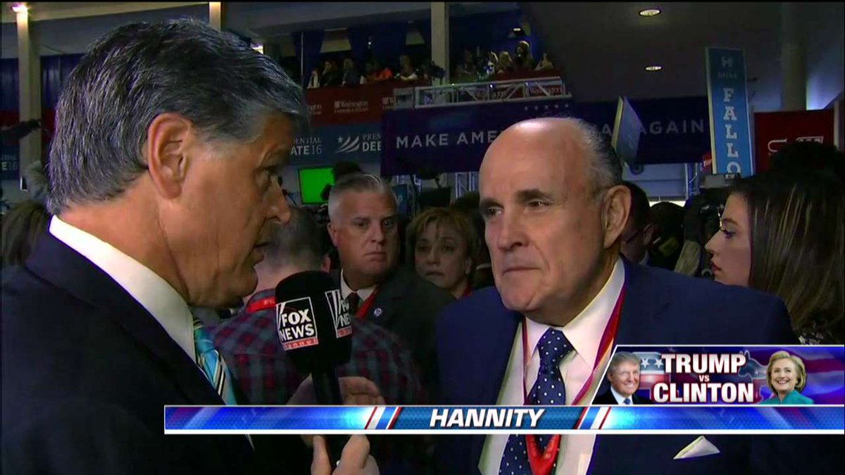 FoxNews's tweet image. Giuliani: "Martha Stewart went to jail for lying to the FBI one time. [@HillaryClinton] did it - 39 times she had no recollection." #Debate