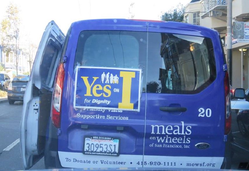 SfDignityFund's tweet photo. Thanks @MOWSF for displaying #VoteYesPropI signs all over town! Get your sign at 11 Grove or delivered:amccumber@mowsf.org. #SFDignityFund https://t.co/e3CtRs9nMC
