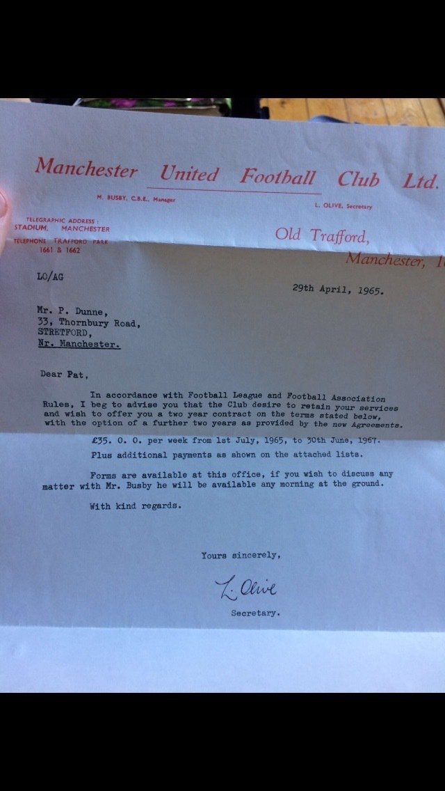 Manchester United contract from 1965 of Pat Dunne. £35 a week and only a few paragraphs long!