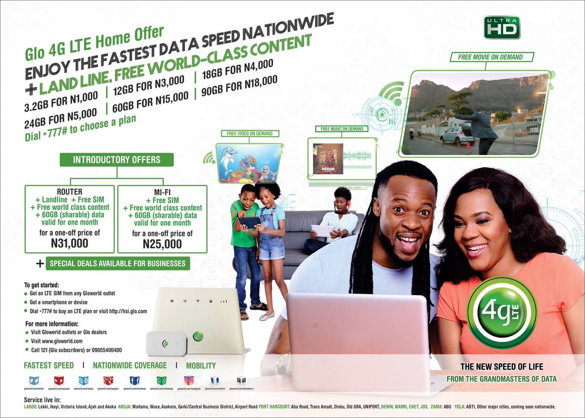GloWorld's tweet photo. Recommended #Glo4GLTE data plans for ur home:
18GB for N4k
24GB for N5k
60GB for N15k
90GB for N18k&amp; more
Dial *777# https://t.co/oFxZDN4nVU