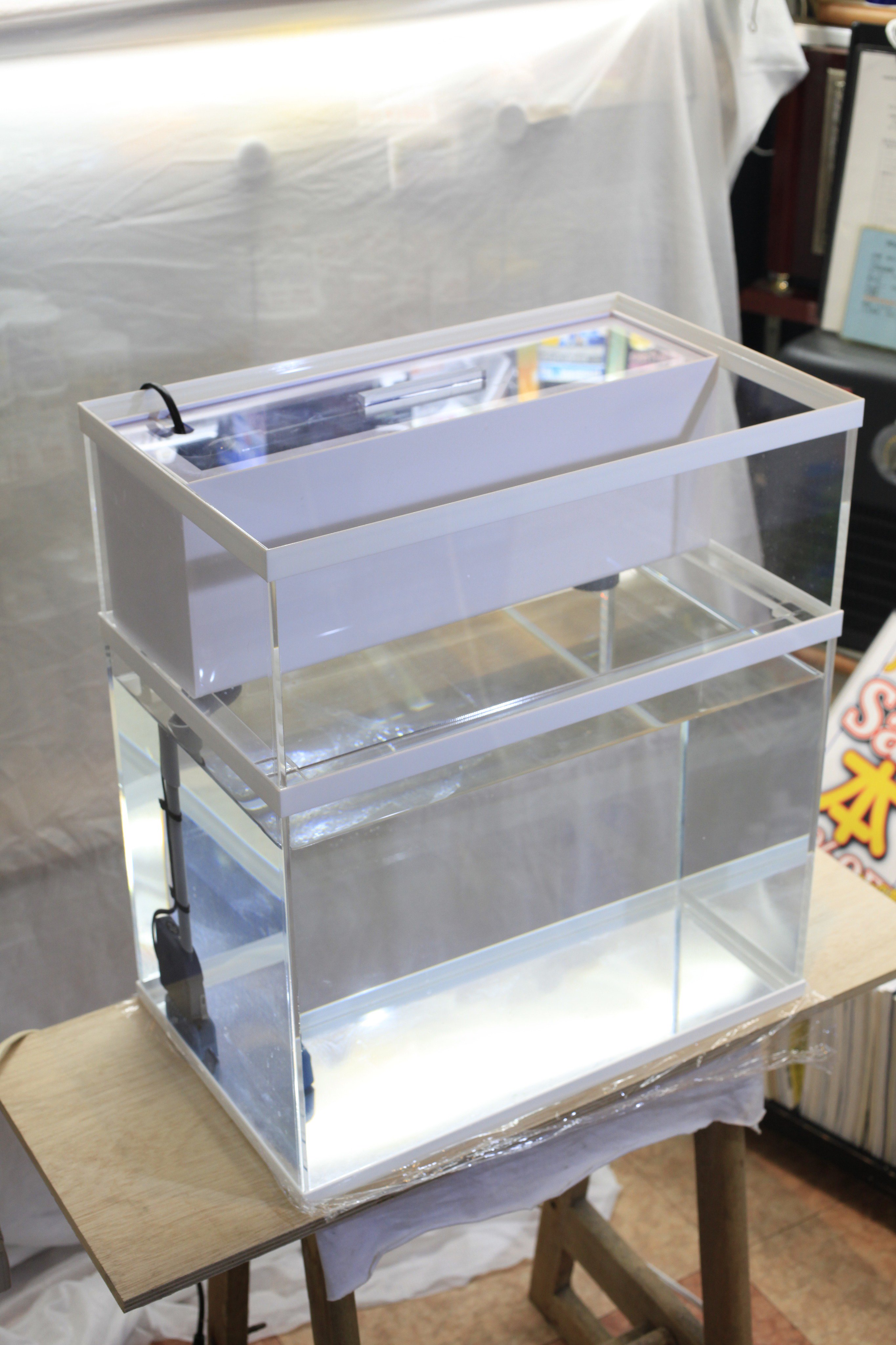 海水魚専門店ひかるアクアリューム ５年前に オーダーメイドで作成したオリジナル上部フィルター 水槽セットの写真が出てきたので アップしてみます なつかしい W 絶対塩ダレせず 地震で水がこぼれることも そうそうないでしょう 2つの水槽を