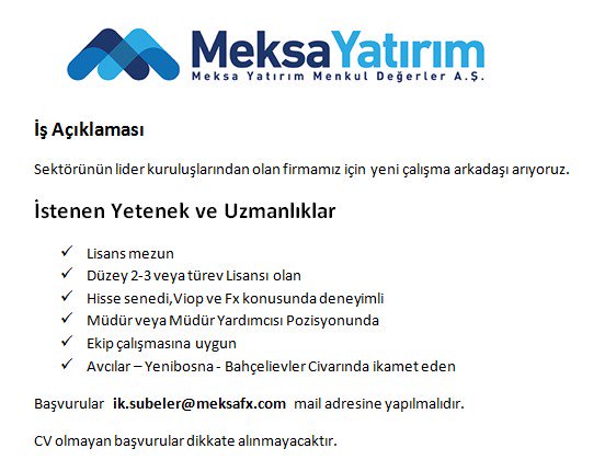 Aşağıdaki iş ilanımız için başvurularınızı bekliyoruz.. #kariyer #Viop #hisse #Yatırım #forex