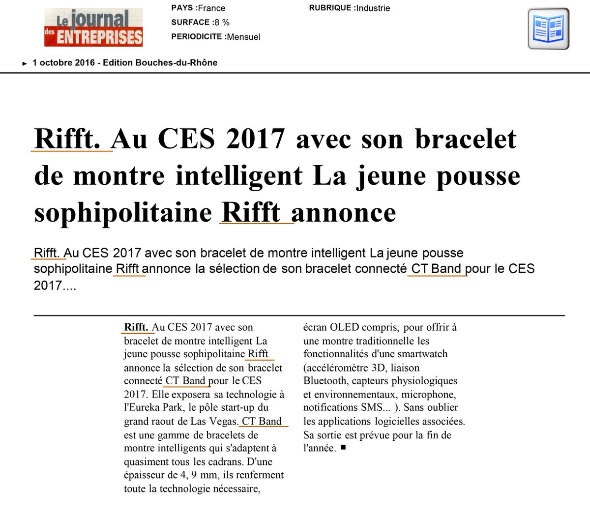 Rifft_Cognitics's tweet photo. Merci @JEntreprises pour le bel article sur #Rifft ! 
#ctband #ioT #CES2017 https://t.co/MuwOUV16CD
