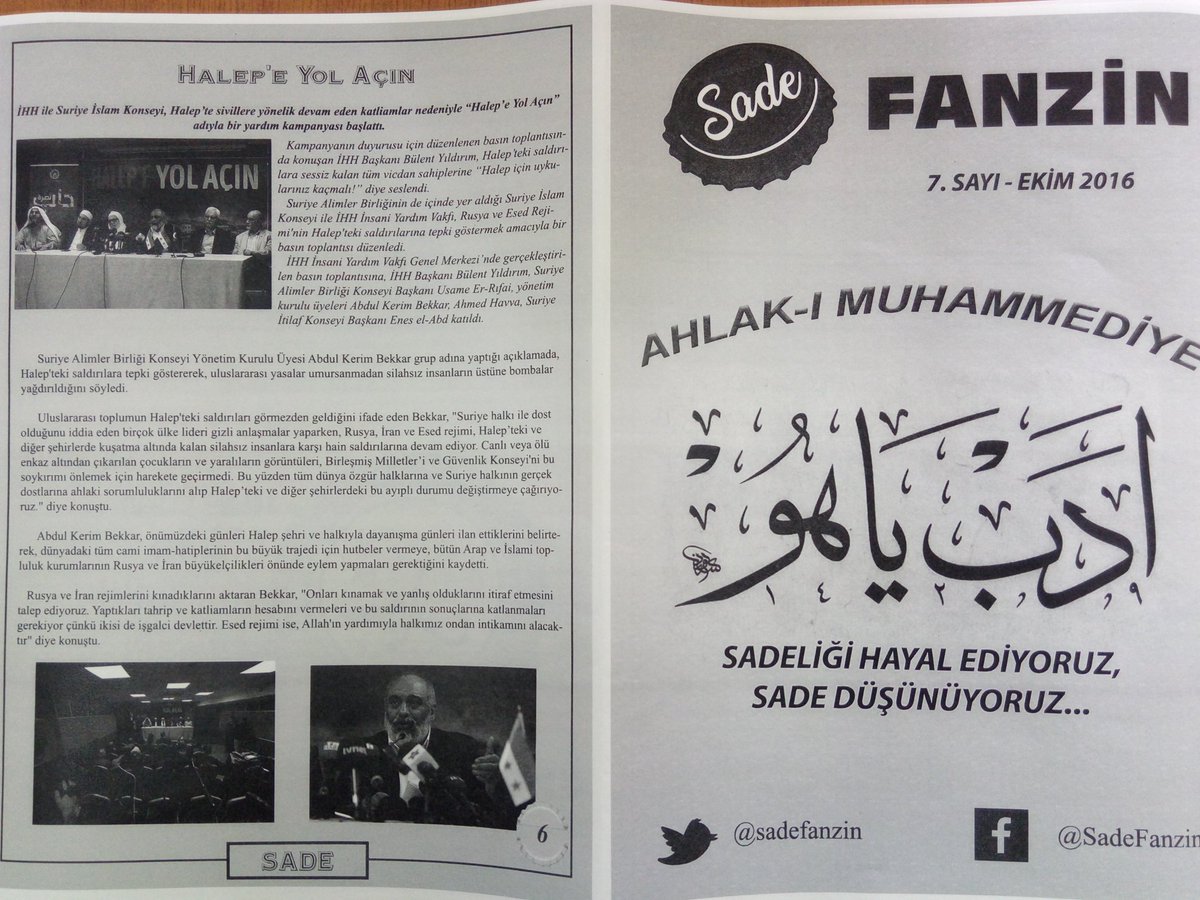 Sade Fanzin yeni sayıda 'Ahlakı Muhammedi' temasında  "Halep'e yol açın" çağrısını kapak dosyasına taşıdı.