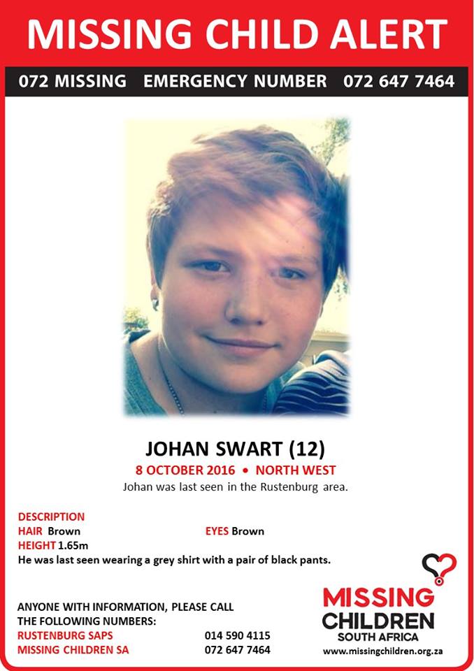 MISSING CHILD: Please share widely &amp; help find 12-year-old Johan Swart. Last seen in the Rustenburg area. ☎️ Police: 014-590-4115