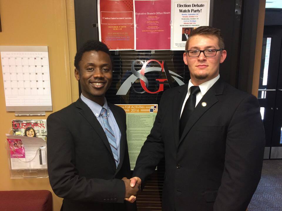 SGA Pres. and Senator Noah meet to discuss ideas.