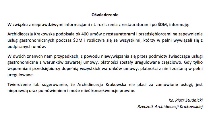 ArchKrakowska's tweet photo. Oświadczenie rzecznika @ArchKrakowska w sprawie rozliczenia z restauratorami po ŚDM. https://t.co/wWUkzxh0lu