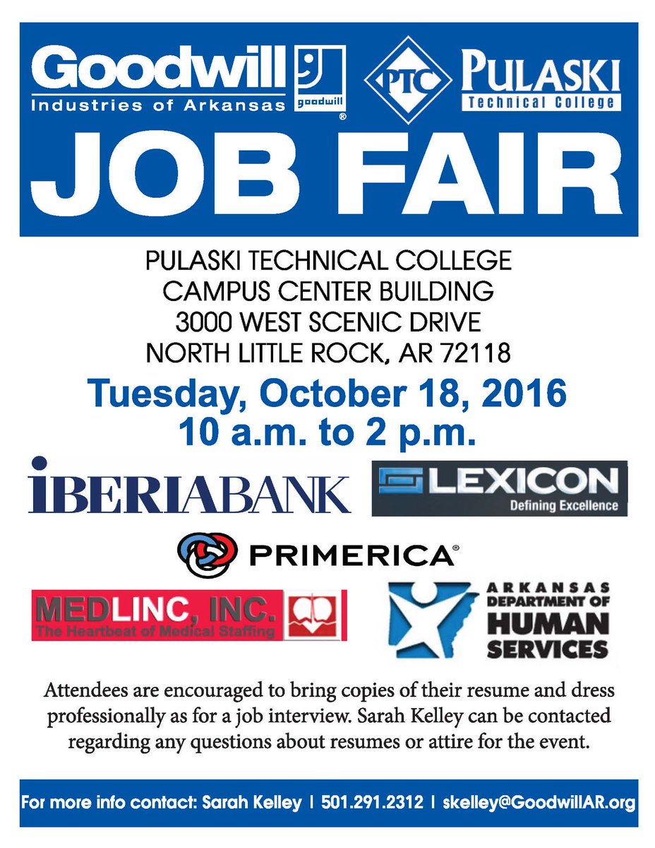pulaskitech's tweet image. @GoodwillAR is hosting a job fair tomorrow on the Main Campus from 10 a.m.-2 p.m. in the Campus Center Building, Grand Hall. #pulaskitech