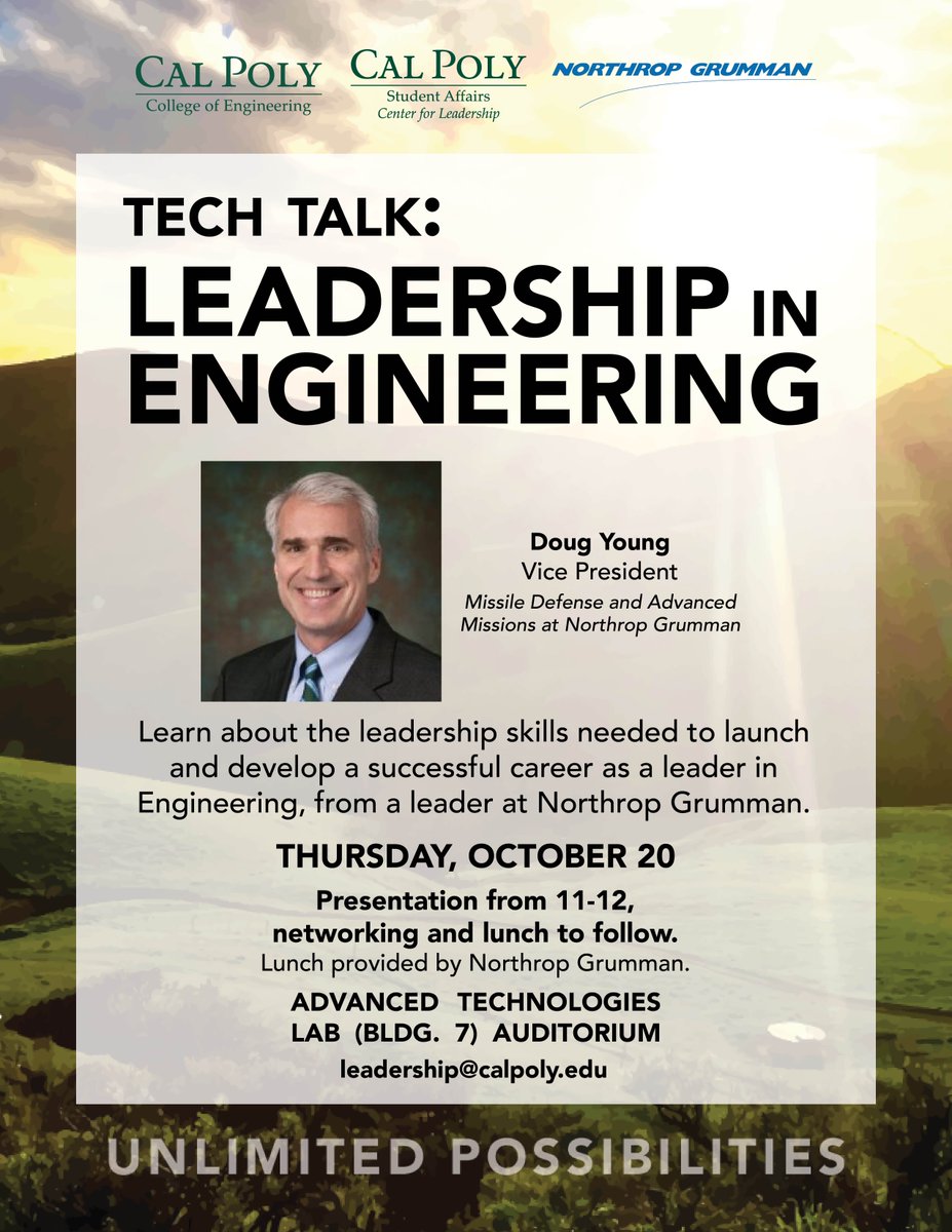 LearnByLeading's tweet image. Launch your career as a #leader in #engineering with tips and lunch from @northropgrumman, Oct. 20, 11 am, ATL. #CalPolyEngineering #CPleads