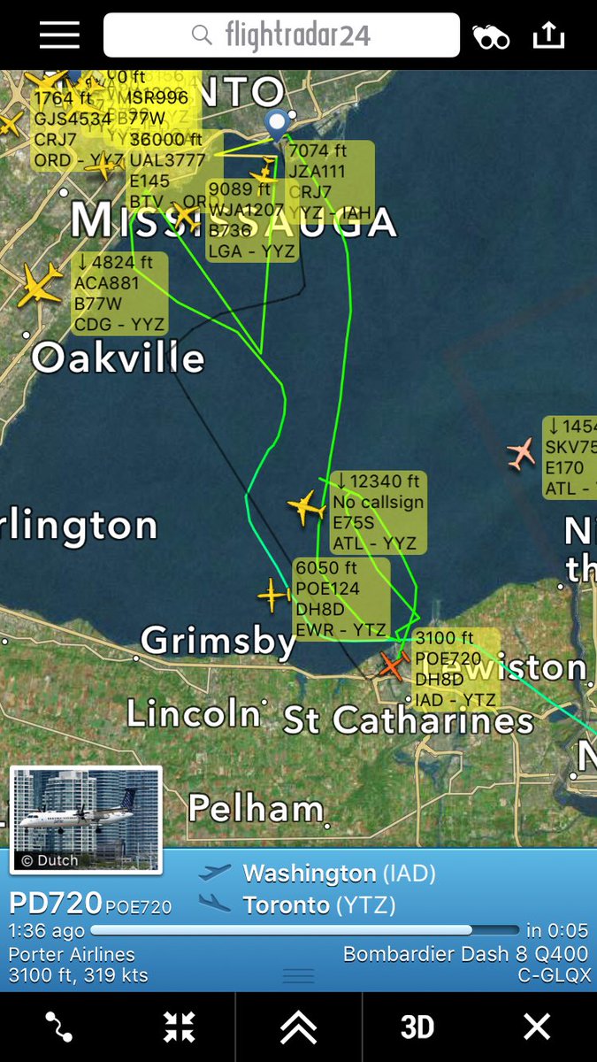 TomPodolec's tweet photo. .@PorterAirlines #PD220 returning to Ottawa. #PD124 Newark holding. #PD720 Washington heading to Windsor. Poor weather at @BBishopAirport. https://t.co/NXqEGNqpk5