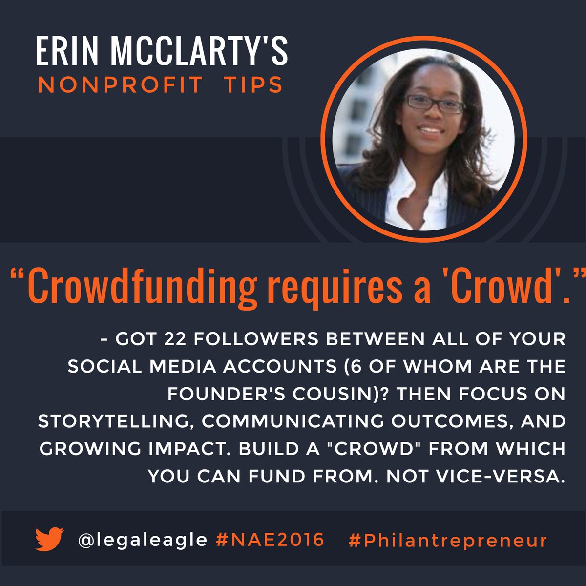 legaleagle2010's tweet photo. Today's #nonprofit tip breaks from my governance related theme. But still important. #NAE2016 is this week! Are you ready?! #crowdfunding https://t.co/M4fL2t9EAB