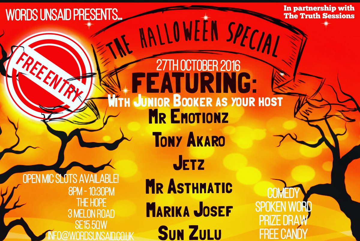 TheArtsProject_'s tweet photo. On Thursday  27th October @wordsunsaiduk  presents 'The Halloween Special'. A night filled with spoken word &amp; comedy! #STC https://t.co/hjpp3aBWCP