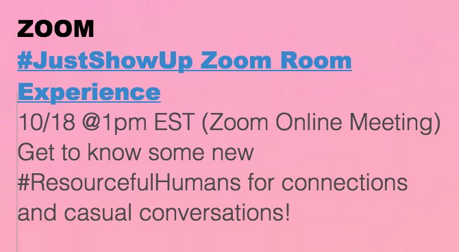 StefanieRennert's tweet photo. Join The #JustShowUp Experience with @stefanierennert! TUESDAY October 18th 1pm EST on @zoom_us! https://t.co/EL75Chqy1R #ResourcefulHumans https://t.co/k7mKhUxiuN