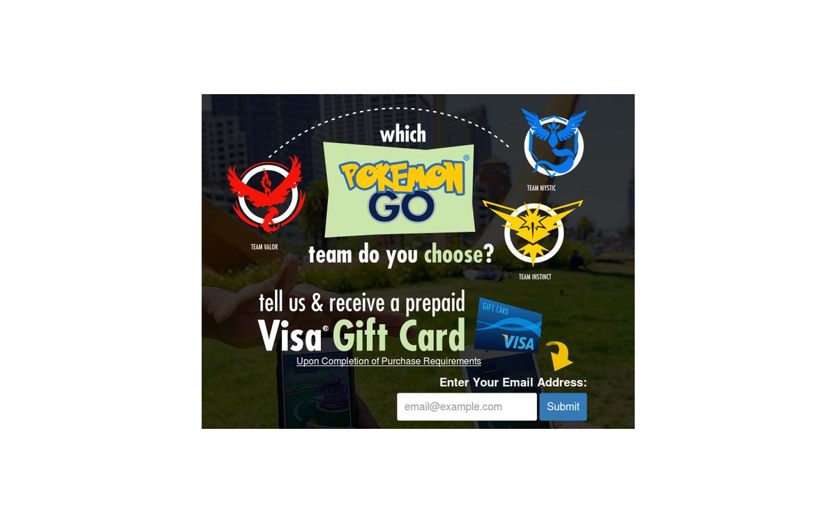 Tell us which Pokemon team you choose and receive a prepaid VISA gift card! Participation required.       
bit.ly/2emjSZM