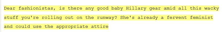 JikaryJack's tweet photo. #PodestaEmails10 #Wikileaks
Dear fashionistas, is there any good #BabyHillary gear?
God HELP US.
https://t.co/WccgdujIVN https://t.co/D32chrLOwF