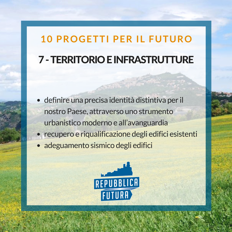 Rep_Futura's tweet photo. #TERRITORIO E INFRASTRUTTURE rinnovate: un asset fondamentale per far ripartire il paese
#elezionirsm #repubblicafutura #sanmarino https://t.co/kYws0ax86Y