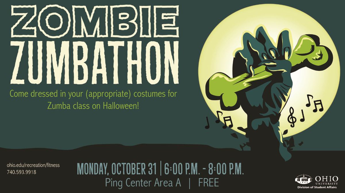 OHIOCampusRec's tweet photo. Bobcats are all about Halloween, and so is #OURec! Join @OU_PingFitness on Monday, Oct. 31 for the Zombie Zumbathon. Costumes encouraged! https://t.co/8Y78GMZhJs