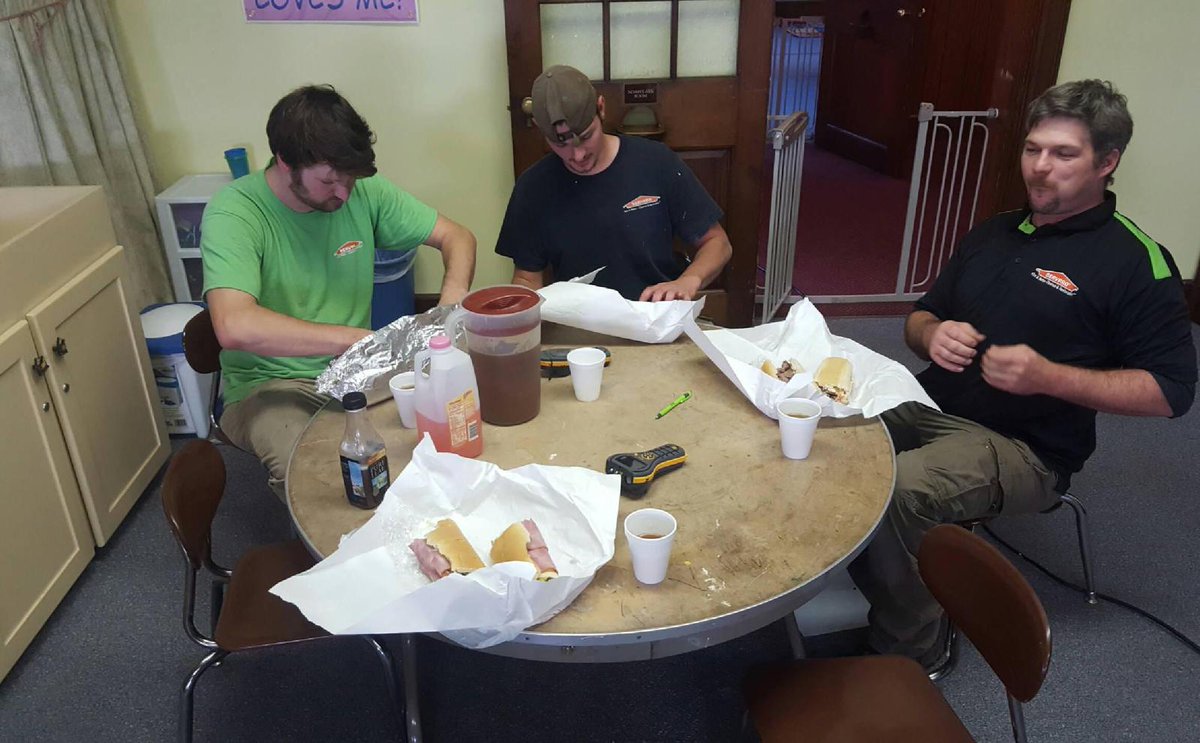Our techs might have had to eat lunch at the kid's table in the church nursery, but one of our owners brought them home made apple cider!