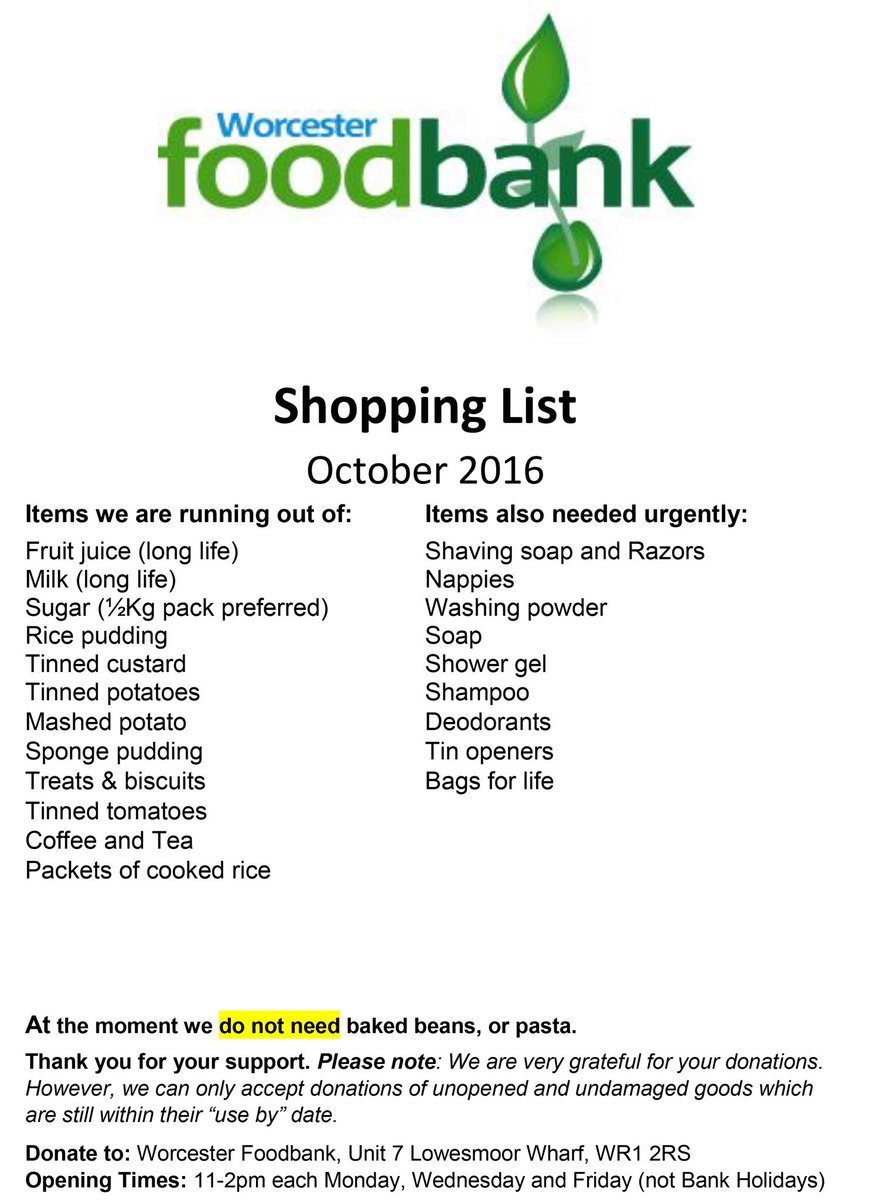 Worcs_Foodbank's tweet photo. @japainters thanks for asking - this is our October shopping list #WorcestershireHour https://t.co/0sB2y8GSXk