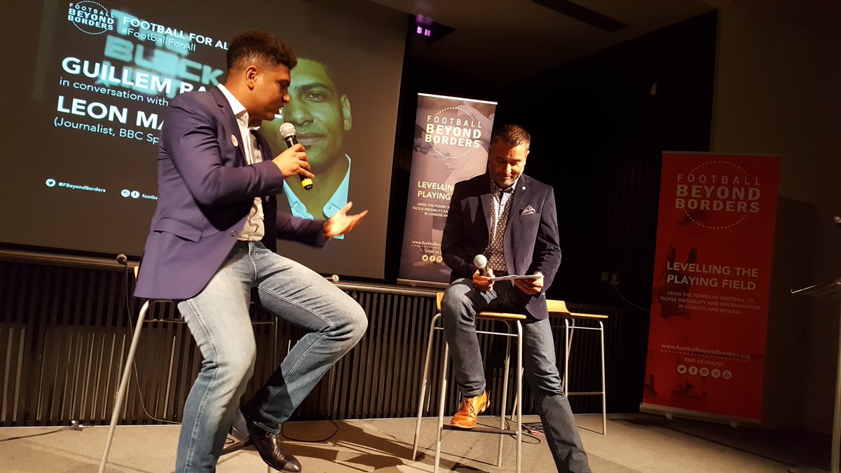 FBeyondBorders's tweet photo. FBB Patron @GuillemBalague welcomes our 1st special guest of the night @Leon_Mann to the stage #FootballForAll https://t.co/VQ1lX7ik4a
