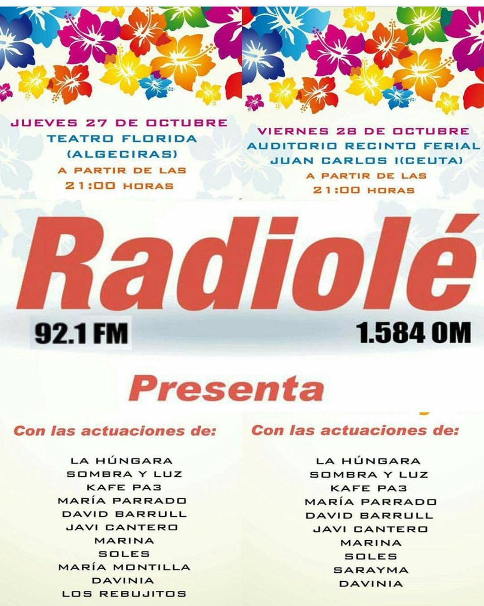 ElFiesta_es's tweet photo. 28 Octubre @Soles_oficial con @Radiole_oficial en Recinto Ferial de Ceuta. Recomienda https://t.co/q0QEDJoreS https://t.co/DiyTskHjdT